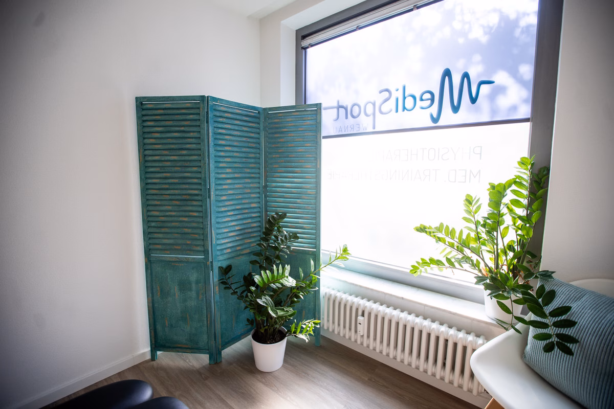 Behandlungsraum mit Paravent und Pflanzen am Fenster